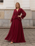 VESTIDO LONGO DECOTE V TRANSPASSADO COM PEPLUM E MANGA BUFANTE MARSALA