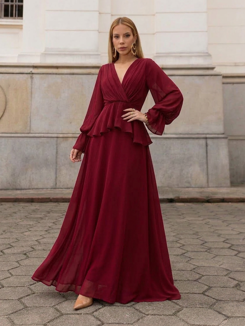 VESTIDO LONGO DECOTE V TRANSPASSADO COM PEPLUM E MANGA BUFANTE MARSALA