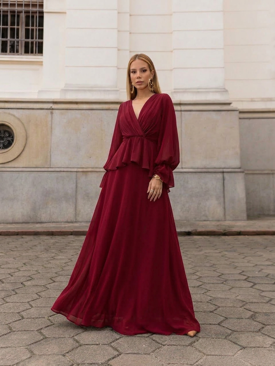 VESTIDO LONGO DECOTE V TRANSPASSADO COM PEPLUM E MANGA BUFANTE MARSALA