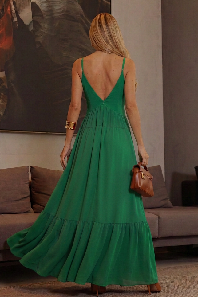 VESTIDO LONGO DECOTE V COM ALÇAS FINAS E CAPA VERDE ESMERALDA