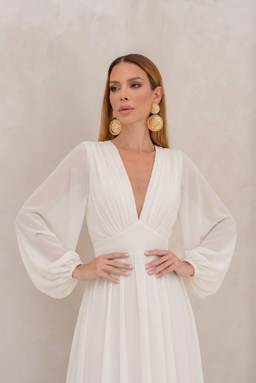 VESTIDO LONGO DECOTE V PROFUNDO COM MANGA BUFANTE E BABADOS LATERAIS OFF WHITE