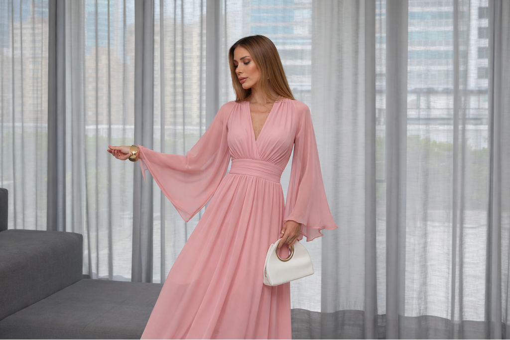 VESTIDO LONGO DECOTE V COM MANGA SINO ROSA