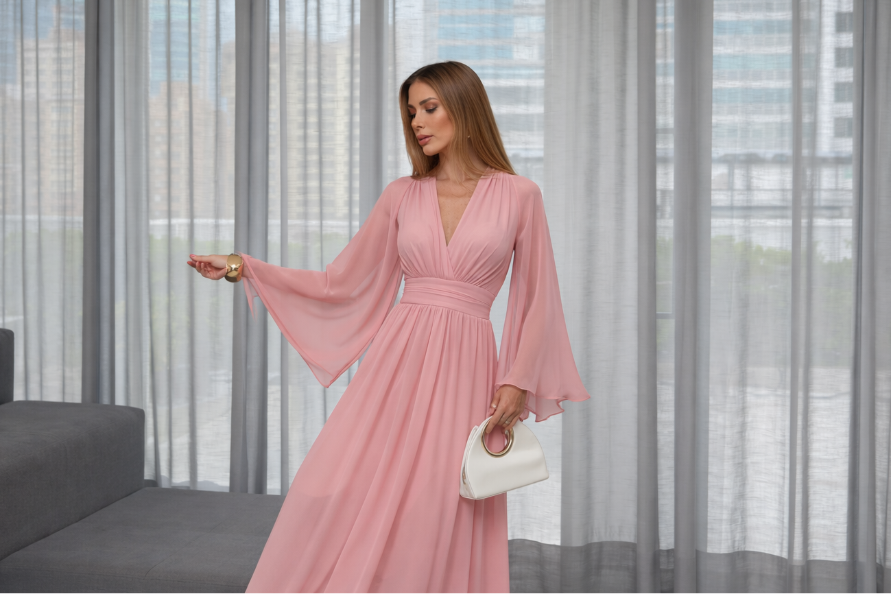 VESTIDO LONGO DECOTE V COM MANGA SINO ROSA