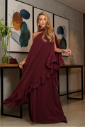 VESTIDO LONGO UM OMBRO COM BABADOS MARSALA