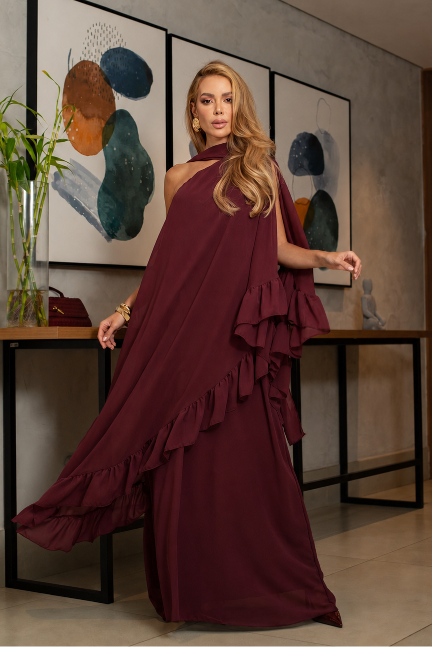VESTIDO LONGO UM OMBRO COM BABADOS MARSALA
