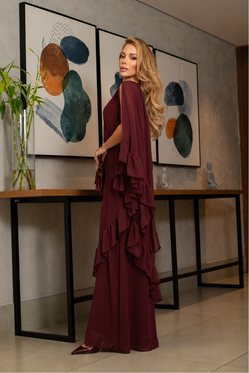 VESTIDO LONGO UM OMBRO COM BABADOS MARSALA