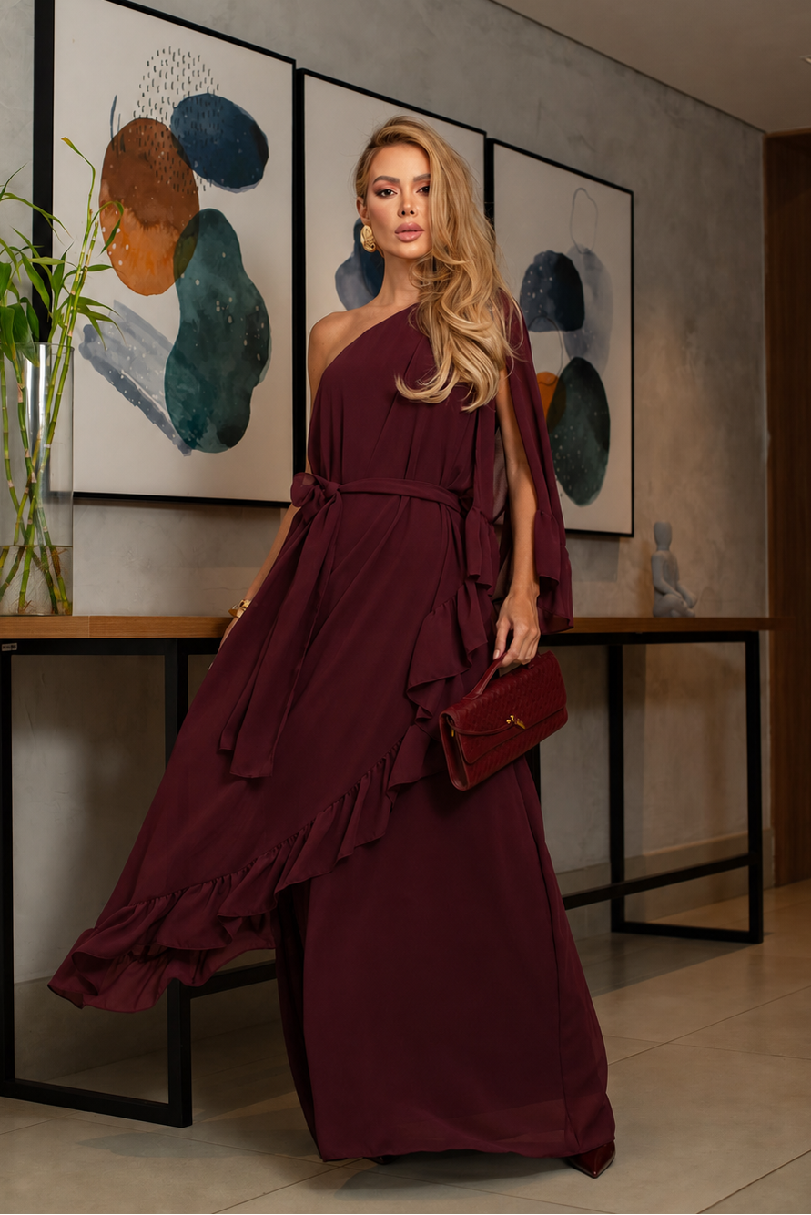 VESTIDO LONGO UM OMBRO COM BABADOS MARSALA