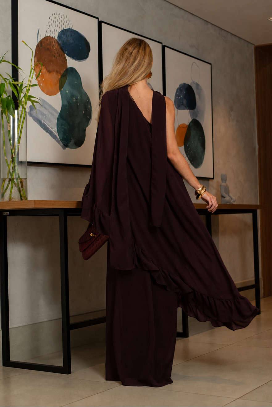 VESTIDO LONGO UM OMBRO COM BABADOS MARSALA ESCURO