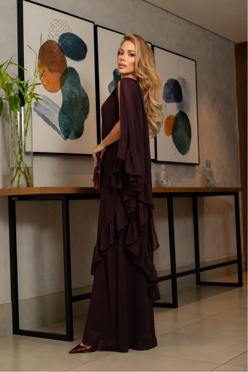 VESTIDO LONGO UM OMBRO COM BABADOS MARSALA ESCURO