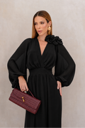 VESTIDO LONGO DECOTE V TRANSPASSADO COM MANGA BUFANTE E BABADO NA BARRA PRETO