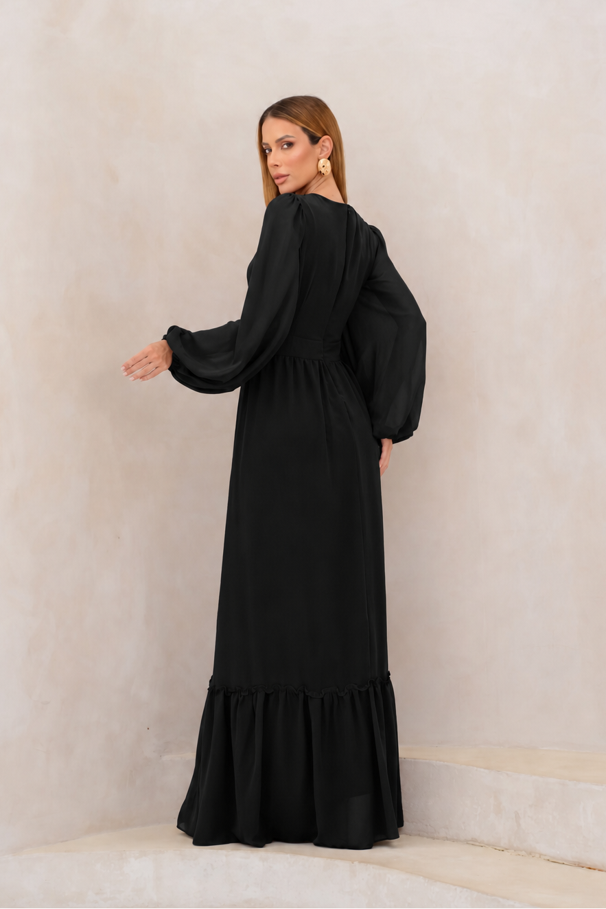 VESTIDO LONGO DECOTE V TRANSPASSADO COM MANGA BUFANTE E BABADO NA BARRA PRETO