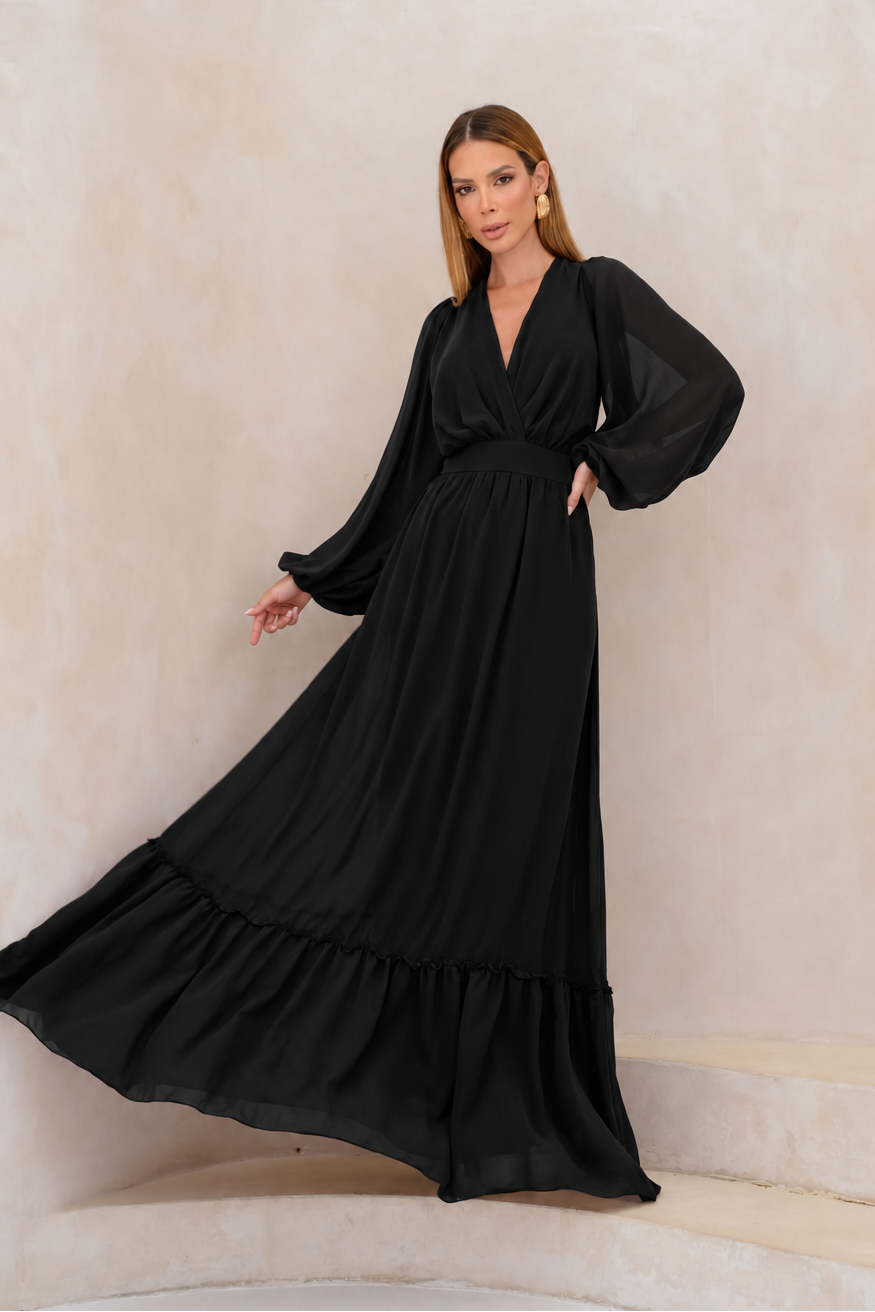 VESTIDO LONGO DECOTE V TRANSPASSADO COM MANGA BUFANTE E BABADO NA BARRA PRETO