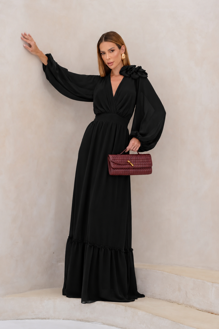 VESTIDO LONGO DECOTE V TRANSPASSADO COM MANGA BUFANTE E BABADO NA BARRA PRETO