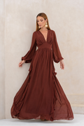 VESTIDO LONGO DECOTE V PROFUNDO COM MANGA BUFANTE E BABADOS LATERAIS TERRACOTA