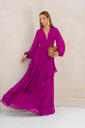 VESTIDO LONGO DECOTE V PROFUNDO COM MANGA BUFANTE E BABADOS LATERAIS ROSA