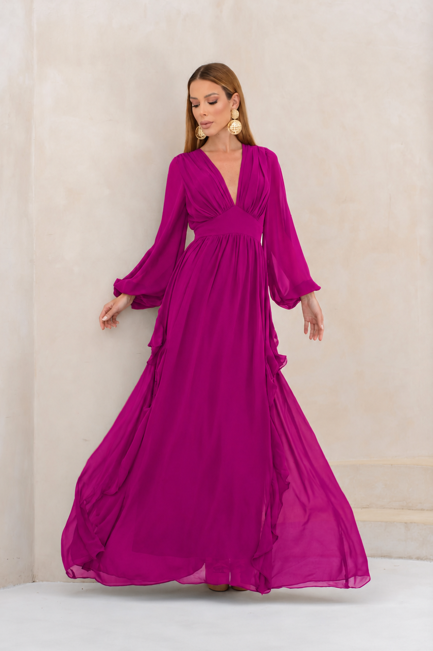 VESTIDO LONGO DECOTE V PROFUNDO COM MANGA BUFANTE E BABADOS LATERAIS ROSA