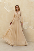 VESTIDO LONGO DECOTE V TRANSPASSADO COM FRANZIDO NA CINTURA CHAMPAGNE