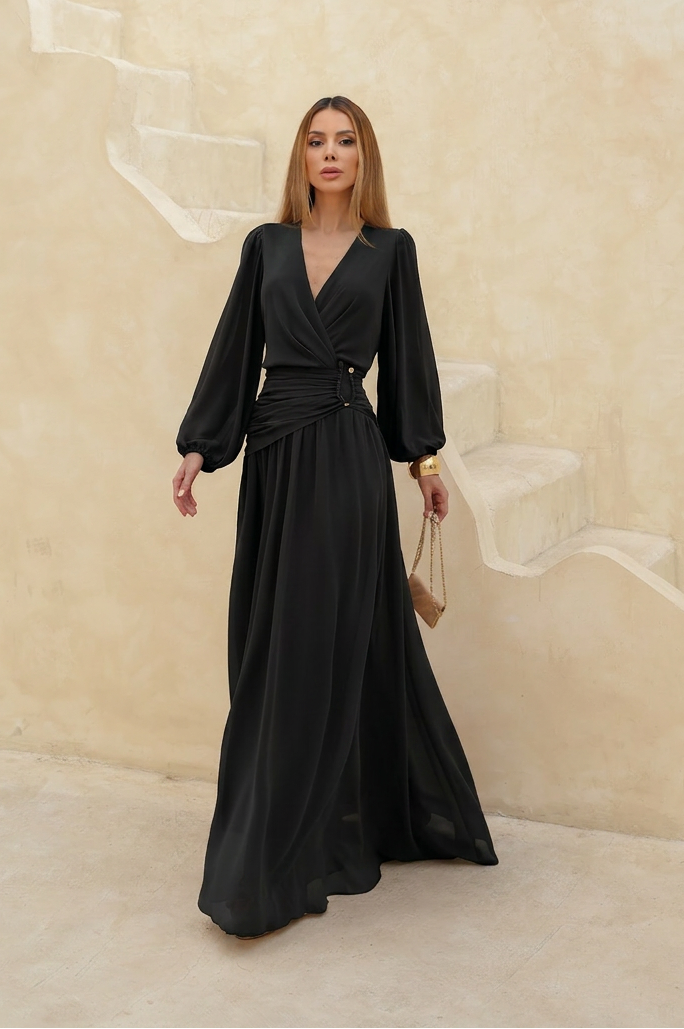VESTIDO LONGO DECOTE V TRANSPASSADO COM FRANZIDO NA CINTURA PRETO