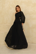 VESTIDO LONGO UM OMBRO FRANZIDO COM RECORTE E MANGA BUFANTE PRETO