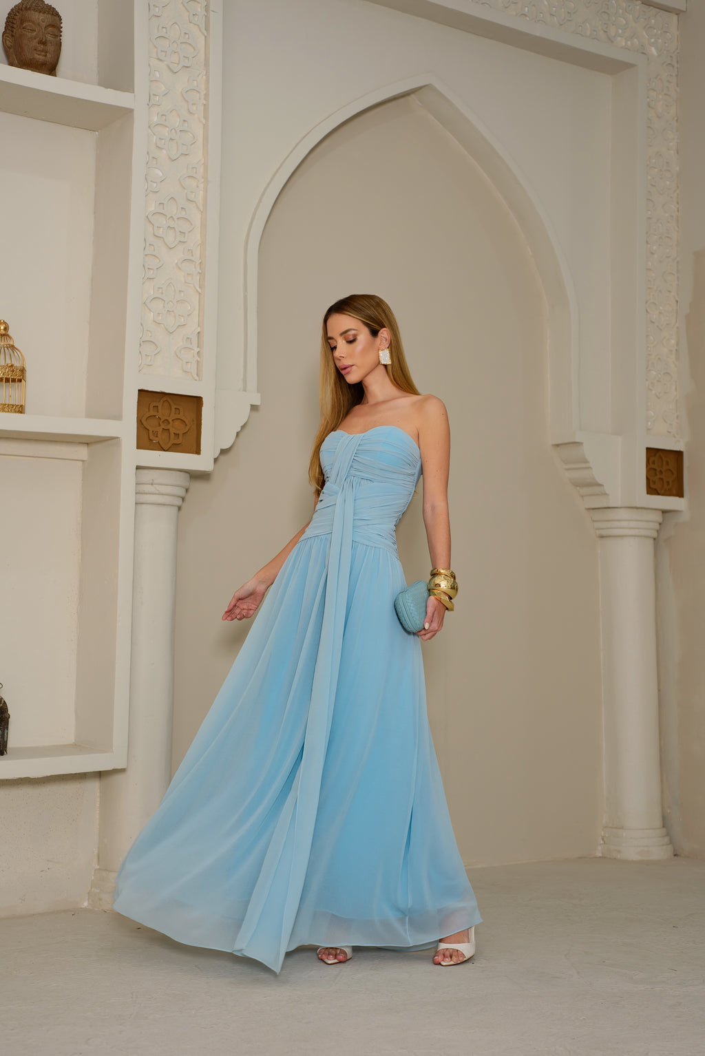 VESTIDO LONGO TOMARA QUE CAIA DRAPEADO AZUL