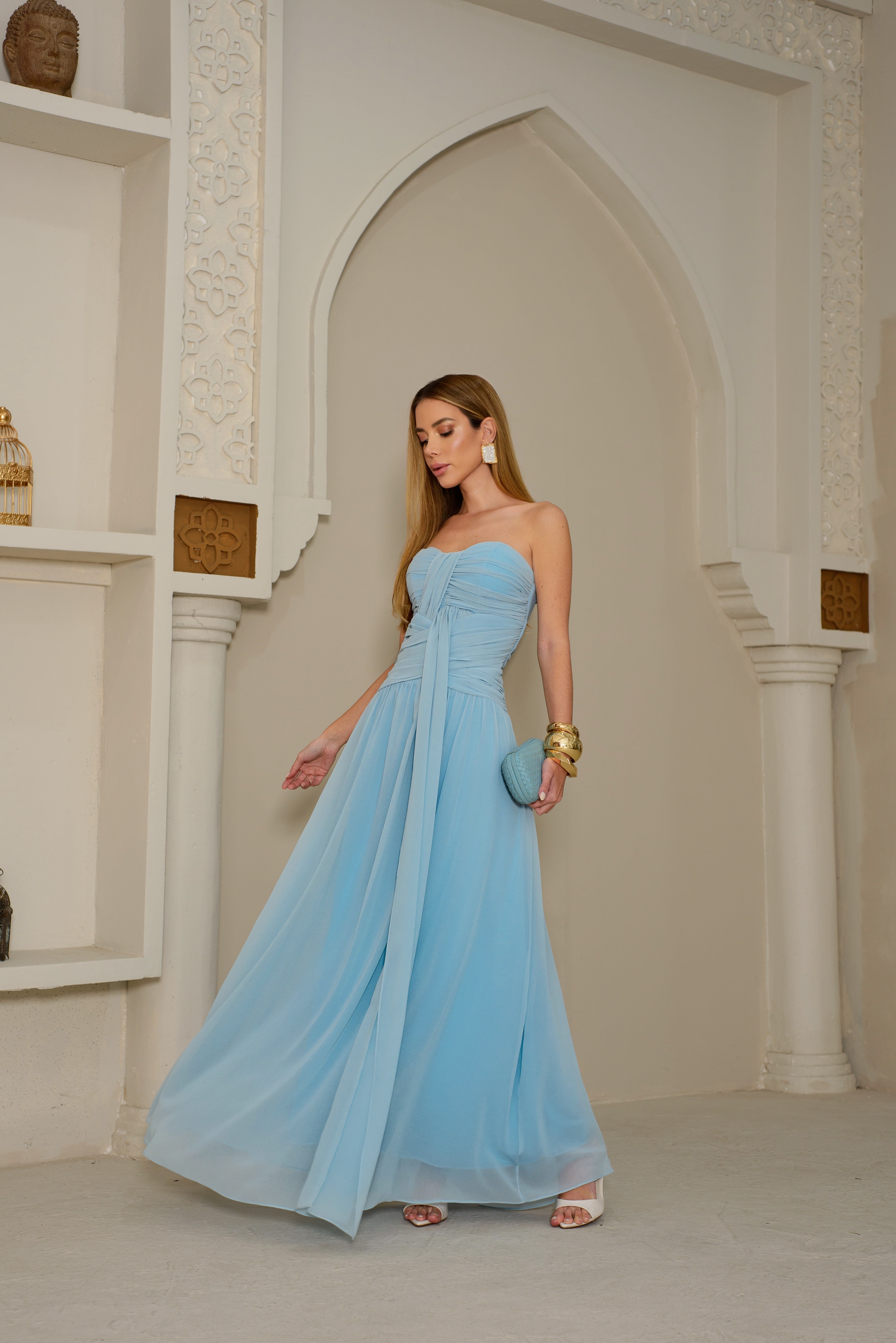 VESTIDO LONGO TOMARA QUE CAIA DRAPEADO AZUL