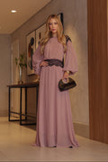 VESTIDO LONGO MANGA BALÃO COM RENDA ROSA ANTIGO