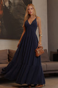 VESTIDO LONGO DECOTE V COM ALÇAS FINAS E CAPA AZUL
