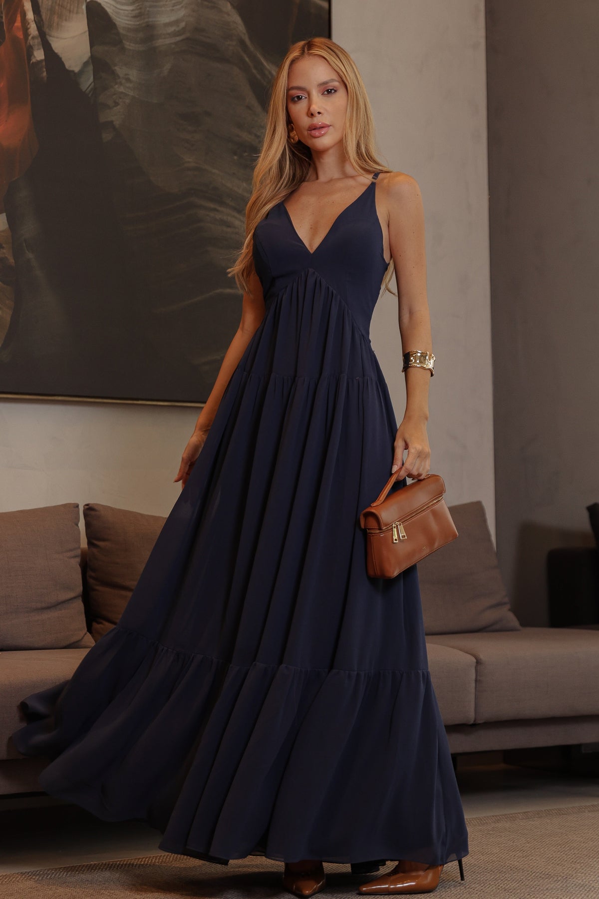 VESTIDO LONGO DECOTE V COM ALÇAS FINAS E CAPA AZUL
