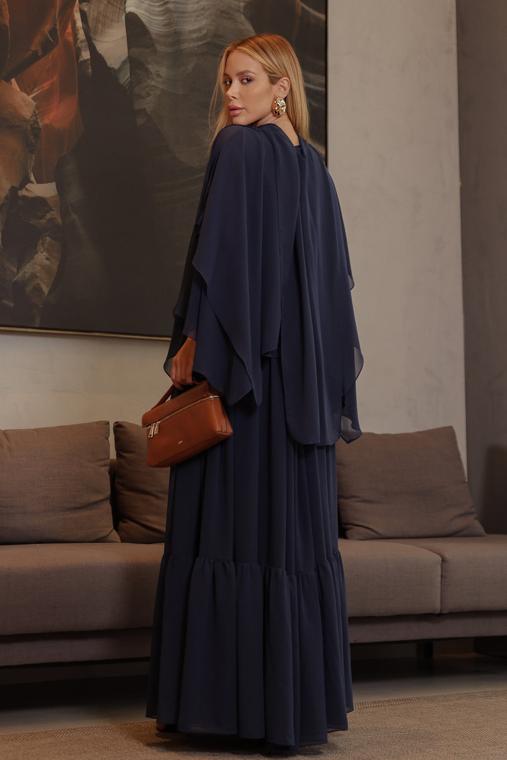 VESTIDO LONGO DECOTE V COM ALÇAS FINAS E CAPA AZUL
