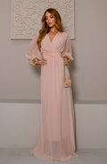 VESTIDO LONGO DECOTE V TRANSPASSADO COM MANGA BUFANTE NUDE ROSE
