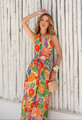VESTIDO LONGO FRENTE ÚNICA COM CINTO FLORAL ESTAMPA TROPICAL