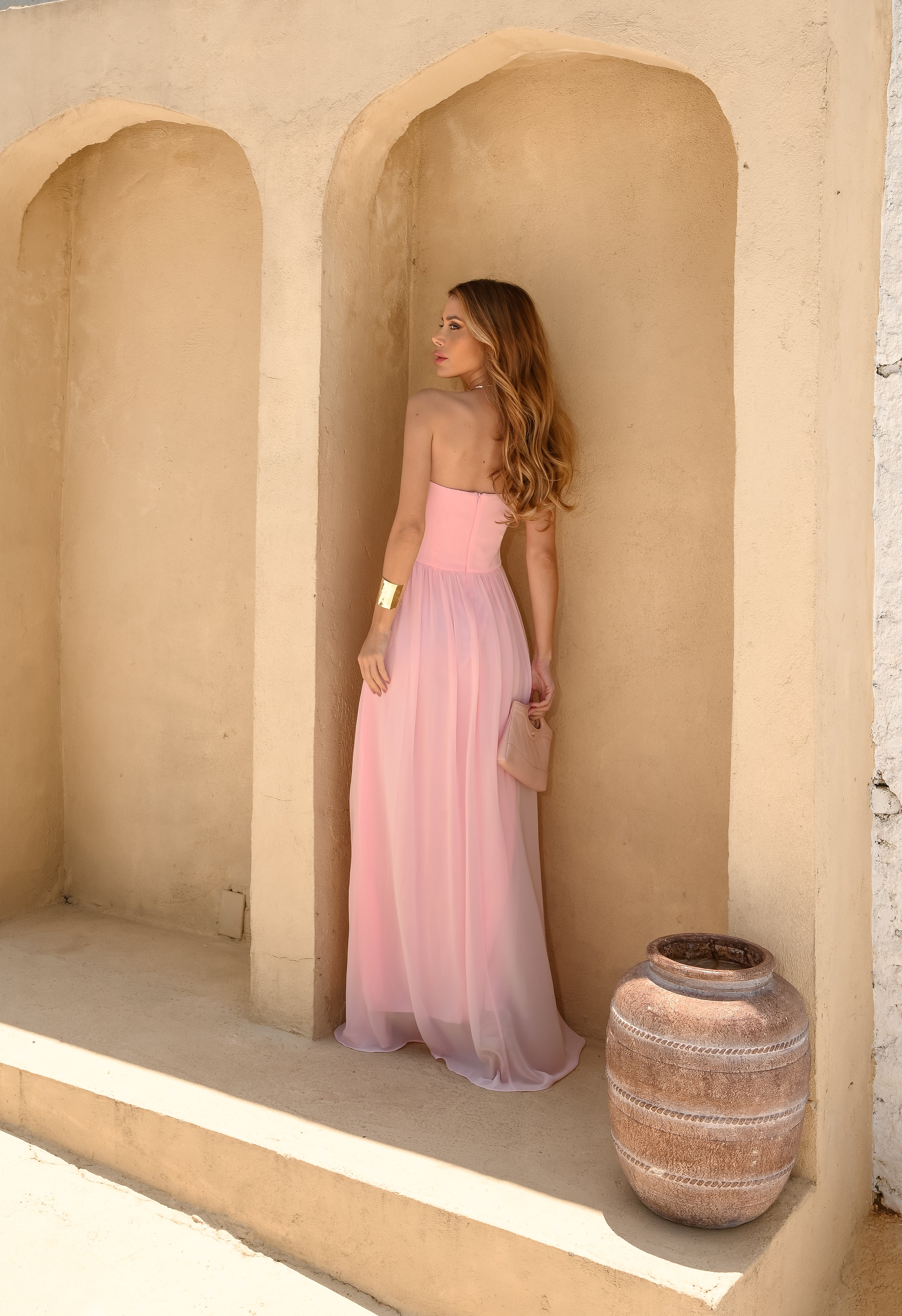 VESTIDO LONGO TOMARA QUE CAIA DECOTE V DRAPEADO COM FENDA LATERAL ROSA