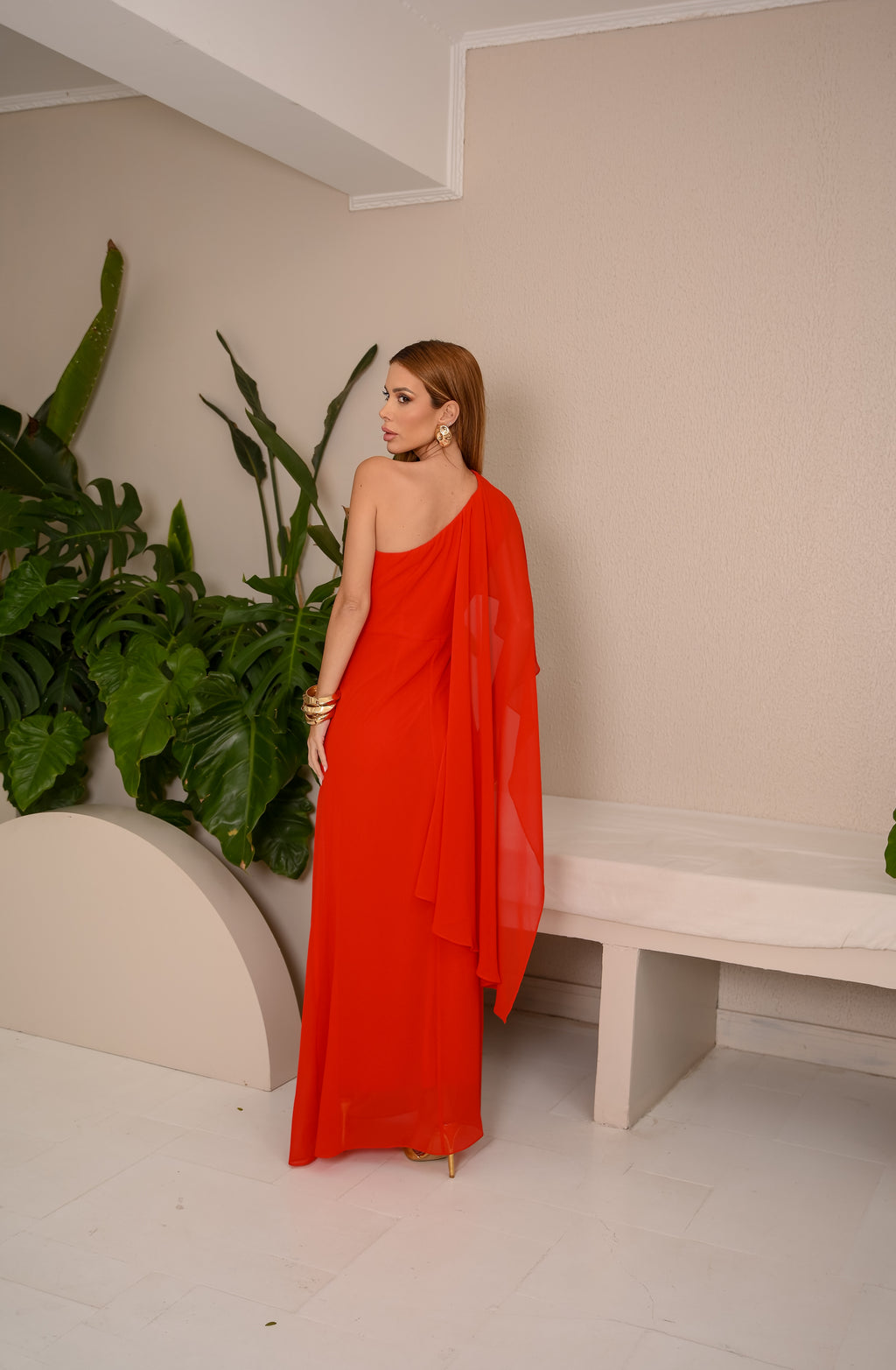 VESTIDO LONGO UM OMBRO ECHARPE COM FLOR 3D REMOVÍVEL VERMELHO