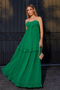 VESTIDO LONGO TOMARA QUE CAIA COM BUSTO FRANZIDO E BABADOS VERDE ESMERALDA