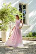 VESTIDO LONGO GOLA REDONDA COM CINTO DE PÉROLAS ROSA