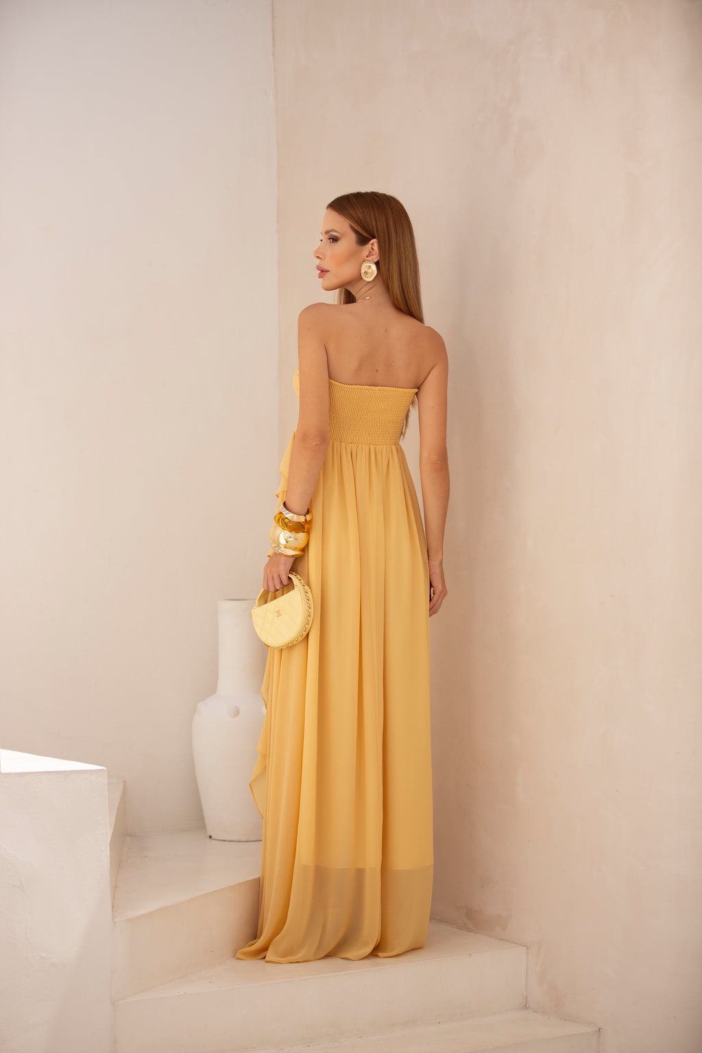 VESTIDO LONGO TOMARA QUE CAIA COM BABADOS CASCATA AMARELO