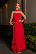 VESTIDO LONGO TOMARA QUE CAIA COM FRANZIDO E APLICAÇÕES FLORAIS VERMELHO