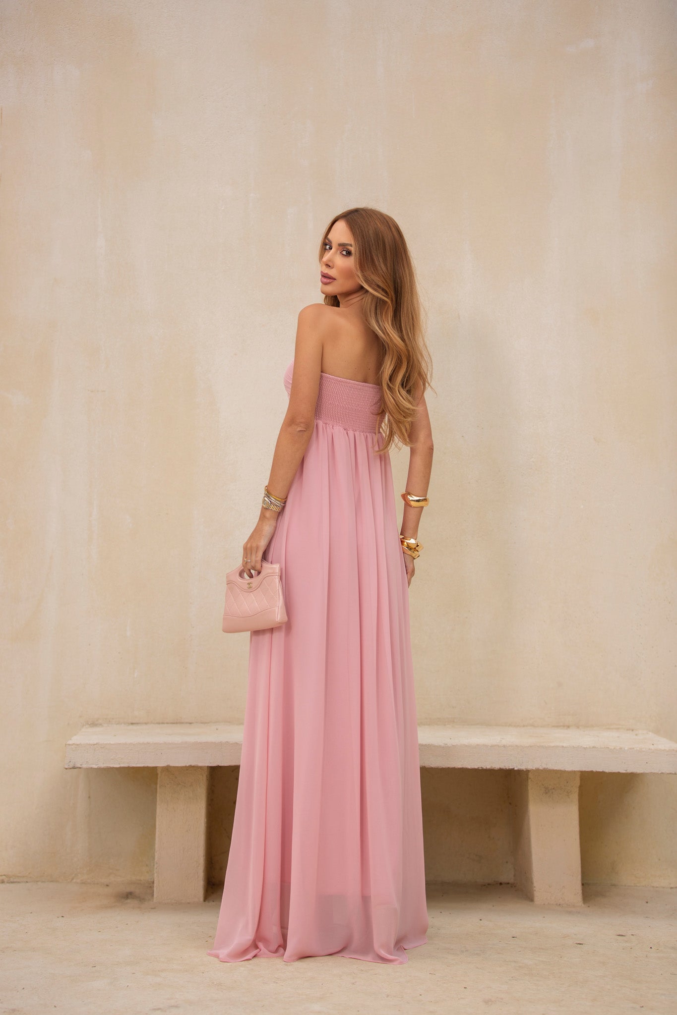 VESTIDO LONGO TOMARA QUE CAIA DRAPEADO NO BUSTO ROSA