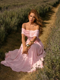 VESTIDO LONGO OMBRO A OMBRO CORSET ESTRUTURADO COM FLOR 3D REMOVÍVEL ROSA