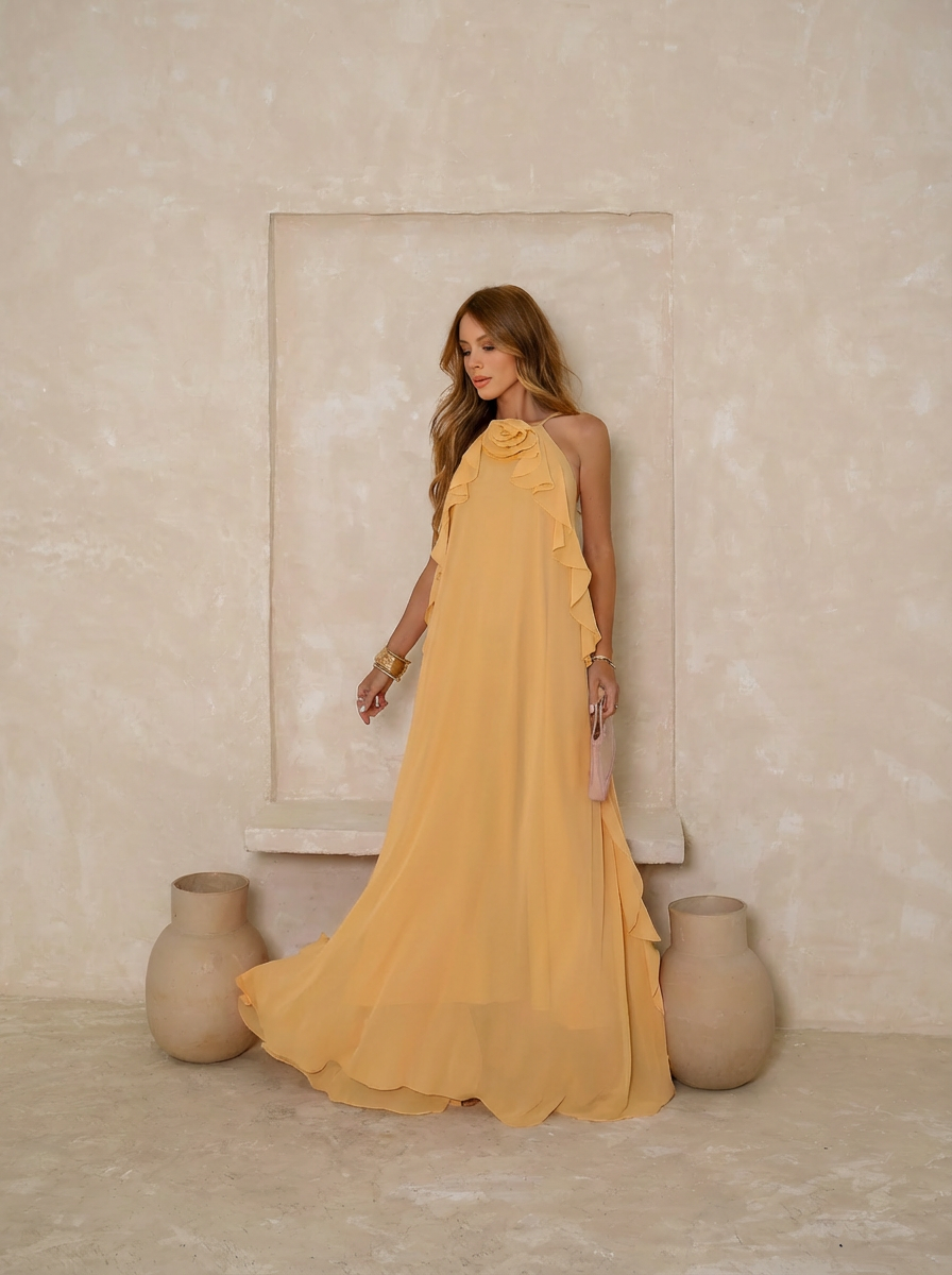 VESTIDO LONGO FRENTE ÚNICA COM FLOR 3D REMOVÍVEL E BABADOS CASCATA AMARELO
