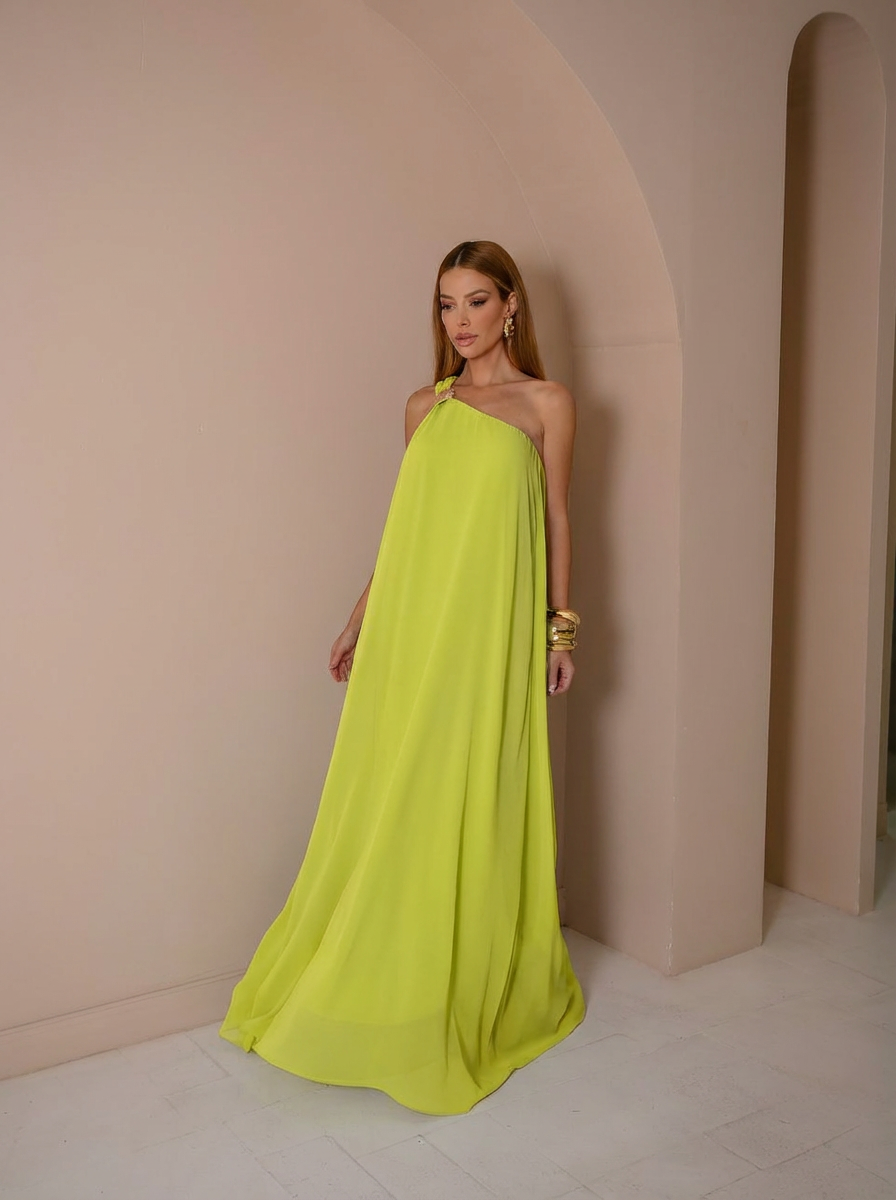 VESTIDO LONGO UM OMBRO COM FIVELA NA ALÇA E FAIXA VERDE