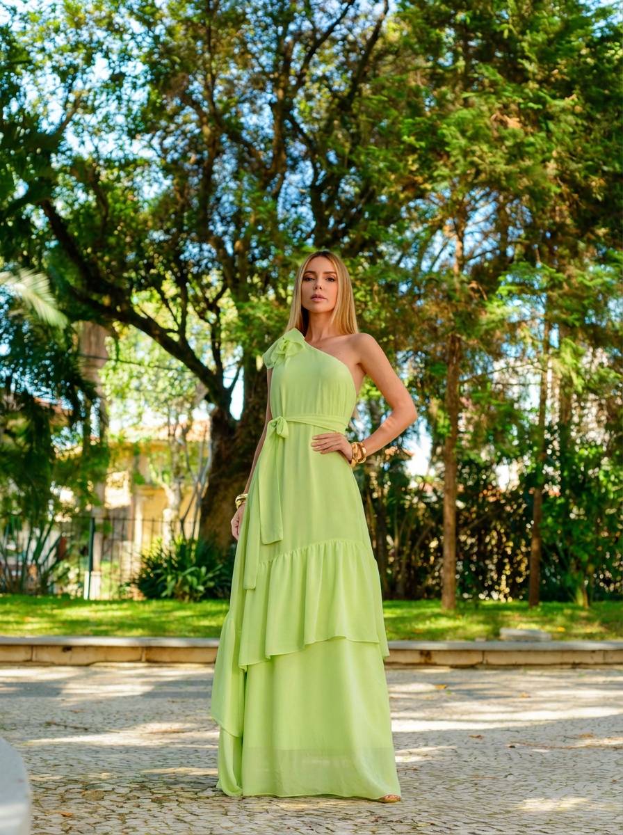 VESTIDO LONGO UM OMBRO COM FLOR 3D REMOVÍVEL E SAIA EM CAMADAS VERDE