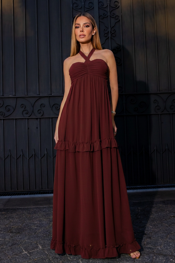 VESTIDO LONGO TOMARA QUE CAIA COM BUSTO FRANZIDO E BABADOS MARSALA