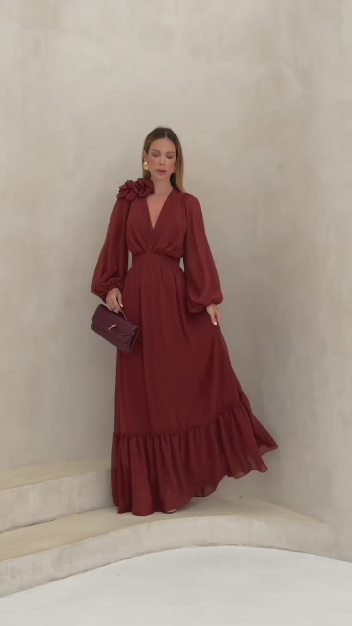 VESTIDO LONGO DECOTE V TRANSPASSADO COM MANGA BUFANTE E BABADO NA BARRA VERDE
