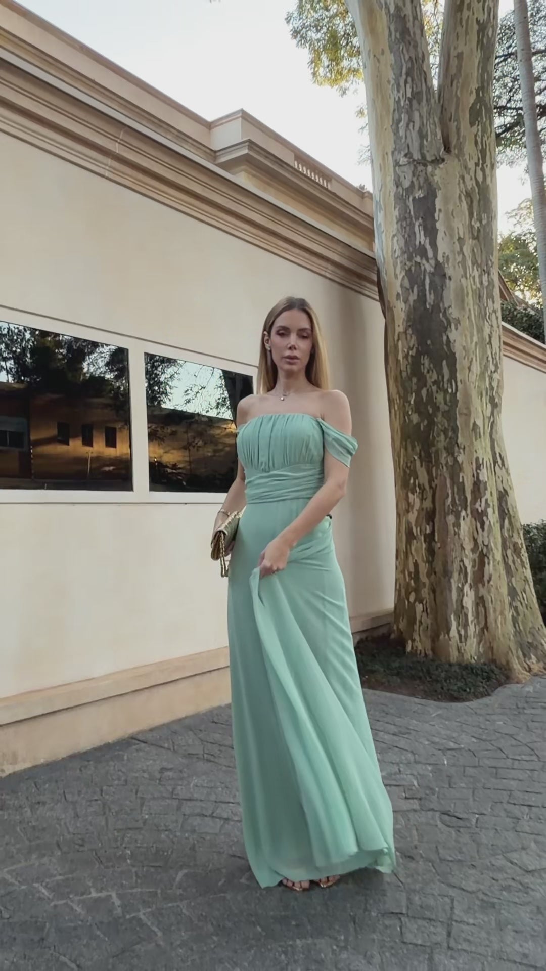 VESTIDO LONGO OMBRO A OMBRO COM BUSTO FRANZIDO PÊSSEGO