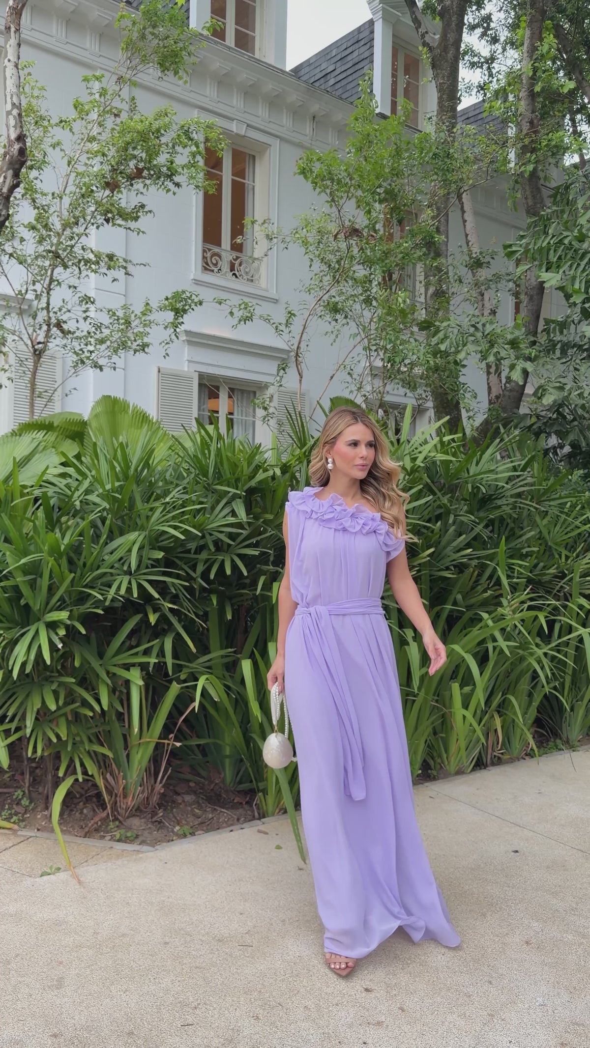 VESTIDO LONGO UM OMBRO COM BABADOS E FAIXA NA CINTURA VERMELHO