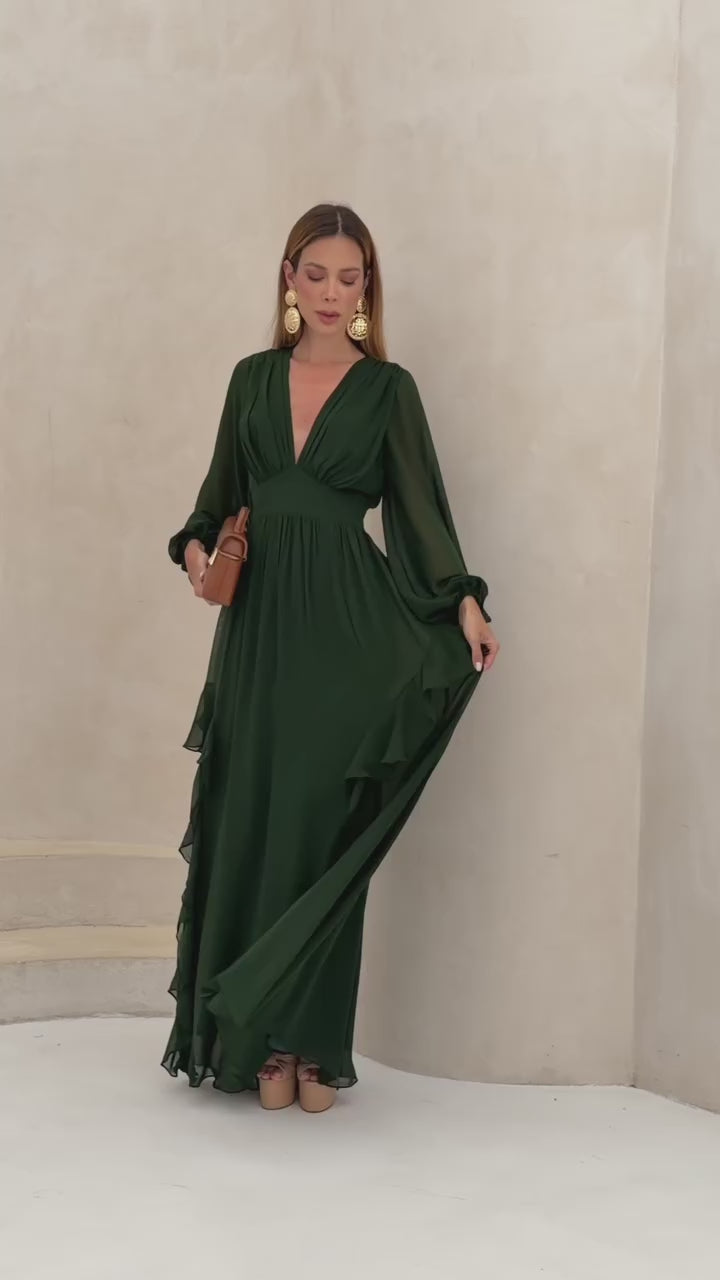 VESTIDO LONGO DECOTE V PROFUNDO COM MANGA BUFANTE E BABADOS LATERAIS AZUL