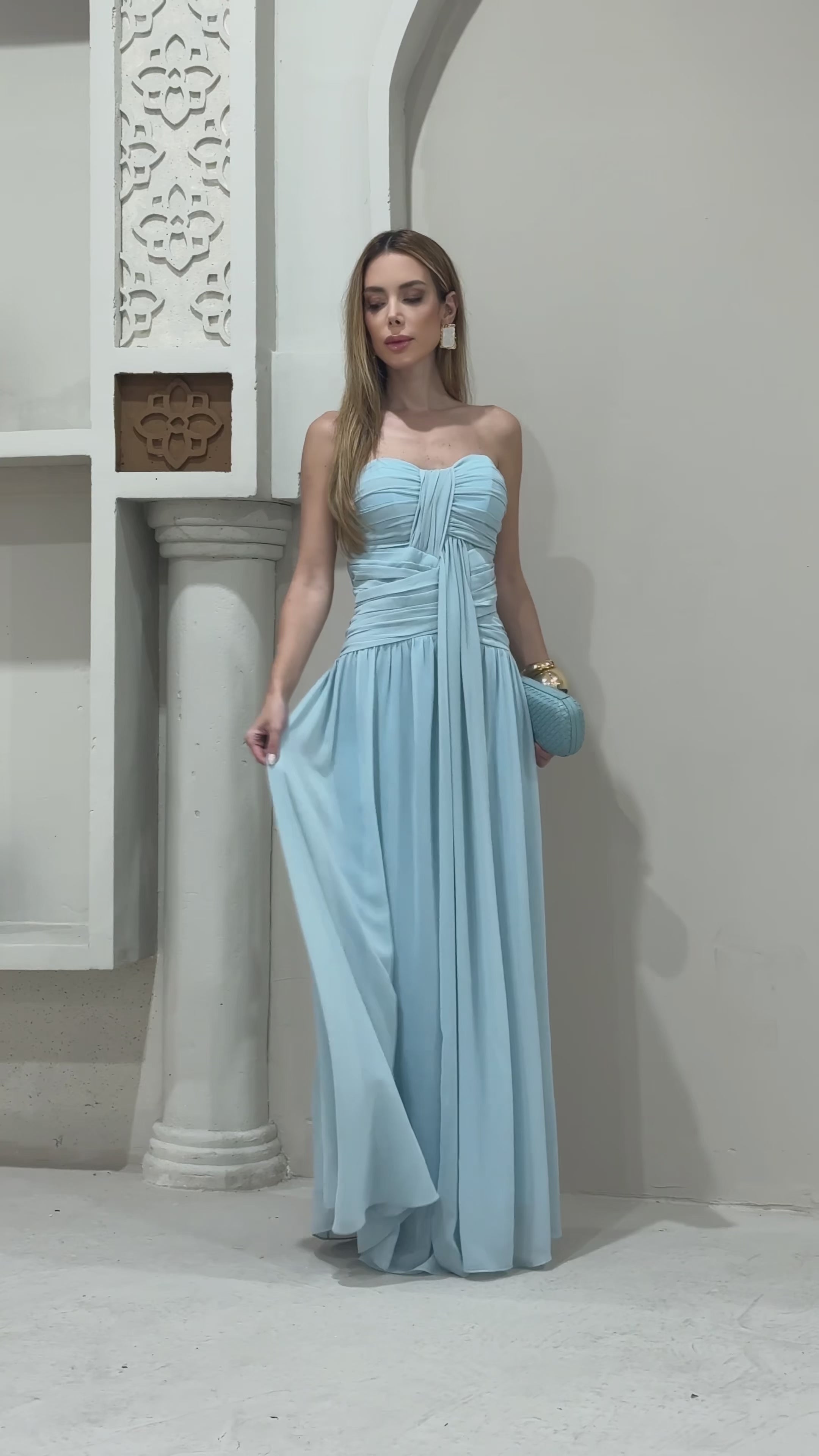 VESTIDO LONGO TOMARA QUE CAIA DRAPEADO AZUL