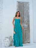 VESTIDO LONGO DECOTE CORAÇÃO COM ALÇAS E BABADO CASCATA AZUL