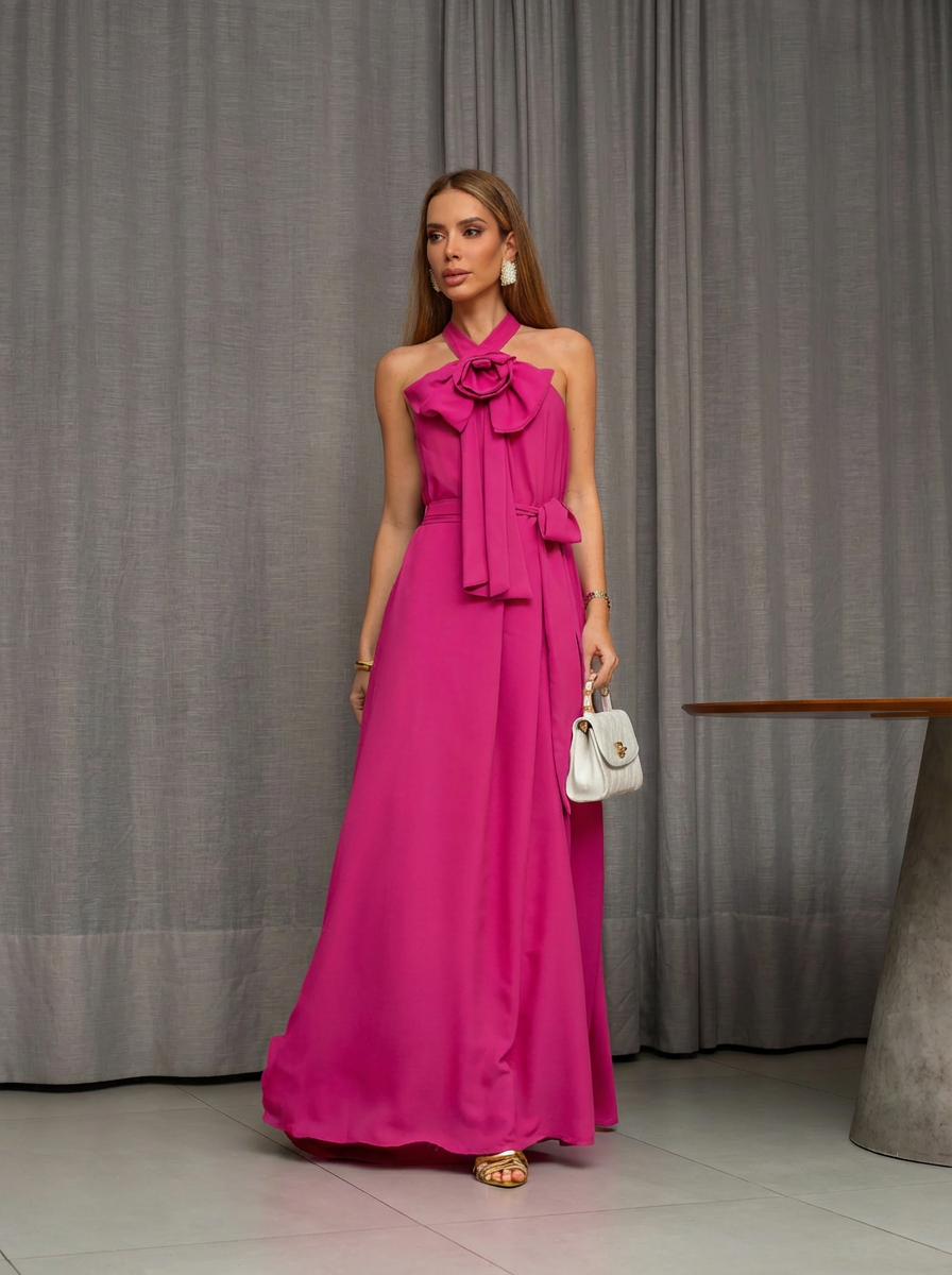 VESTIDO LONGO FRENTE ÚNICA COM LAÇO E FLOR 3D REMOVÍVEL ROSA